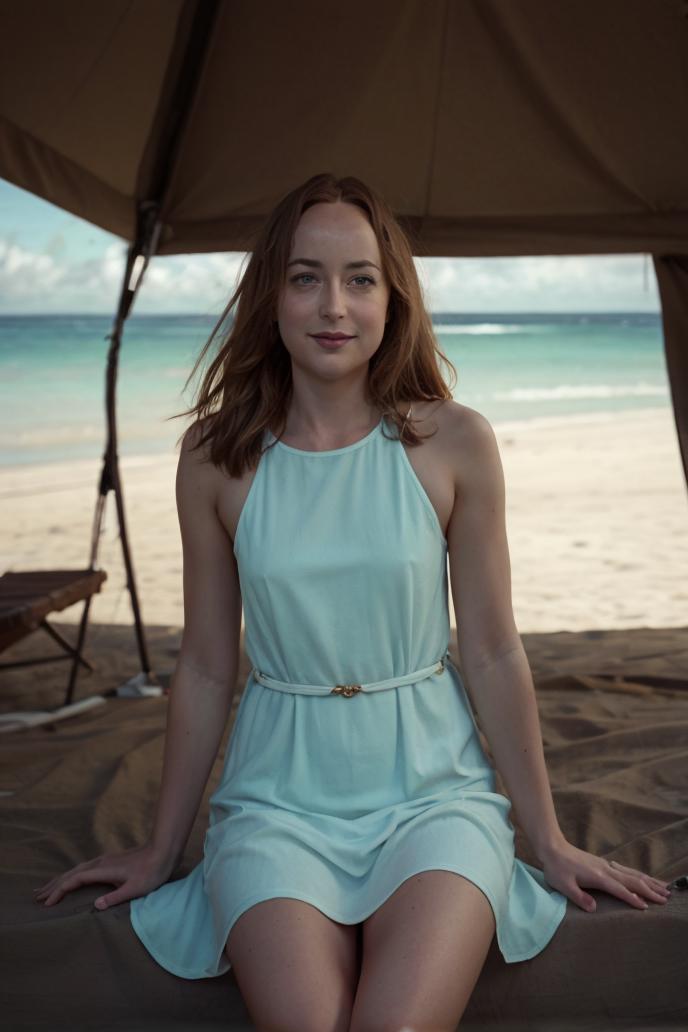 A woman sitting on a bed in a blue dress on the beach - SeaArt AI