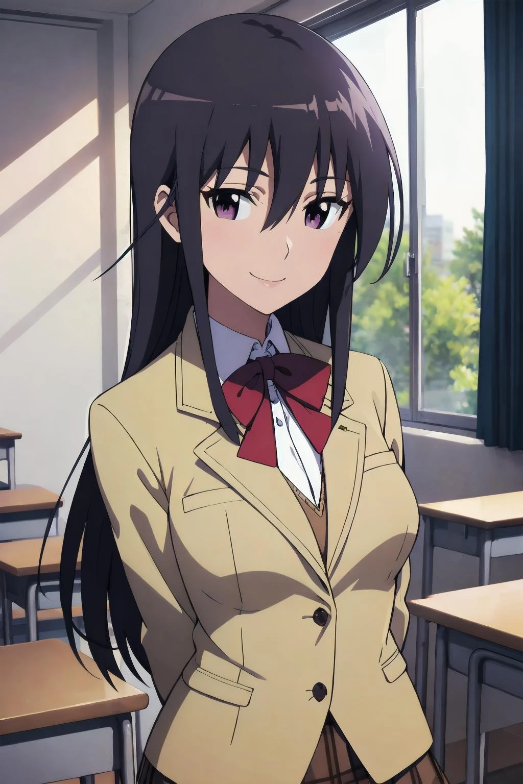 best quality, masterpiece, portrait, close-up, arms behind back,
1girl, amakusa shino, black hair, long hair, medium breasts, purple eyes, school uniform, brown jacket, pleated skirt, classroom, looking at viewer, smile,
<lora:Kizuki - Seitokai Yakuindomo - Amakusa Shino:0.9>
