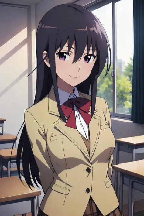 best quality, masterpiece,  portrait, close-up, arms behind back,
1girl, amakusa shino, black hair, long hair, medium breasts, purple eyes, school uniform, brown jacket, pleated skirt, classroom, looking at viewer, smile,
<lora:Kizuki - Seitokai Yakuindomo - Amakusa Shino:0.9>