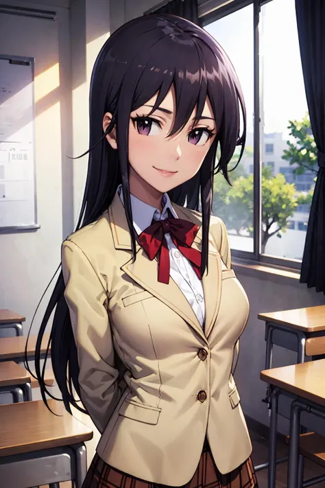 best quality, masterpiece, portrait, close-up, arms behind back,
1girl, amakusa shino, black hair, long hair, medium breasts, purple eyes, school uniform, brown jacket, pleated skirt, classroom, looking at viewer, smile,
<lora:Kizuki - Seitokai Yakuindomo - Amakusa Shino:0.9>