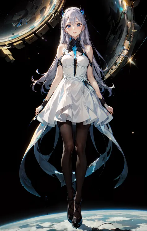 <lora:premiachanv1:0.6>, premiachan, best quality, 1 girl in a white dress standing with galaxy in background,  pastel purple hair, long hair,  zero g, outer space is visible, space walk scene, (full body), (beautiful face:1.2) (black_stockings), marble blue eyes, bare shoulders, bare arms, wallpaper, (1 black arm:1.5), digital horns on head,