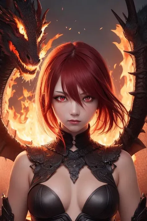 best quality, masterpiece,Red hair, (red eyes:1.4), dragon girl, fire, magic, fire vortex, detailed face, upper body