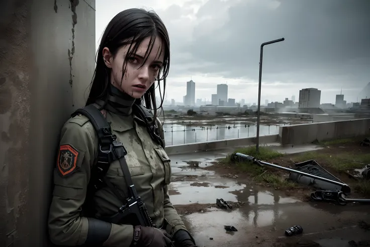 best quality, masterpiece, (realistic:1.2), 1woman, post apocalypse, detailed face, detailed eyes, wet dark hair, surprised expression, dirty skin, detailed dirty soldier clothes, wet clothes, leaning back against the wall, dramatic, vibrant, sharp focus, raining, dark, ray tracing, intricate city ruin environment