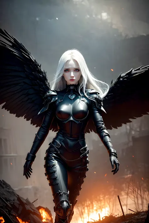 best quality, masterpiece, (realistic:1.2), 1woman as dark angel with realistic dark angel wings, post apocalypse, detailed face, detailed eyes, white hair, strict expression, detailed pale skin, intricate dark angel armor, walking over intricate (burning battlefield), night, dramatic, vibrant, sharp focus