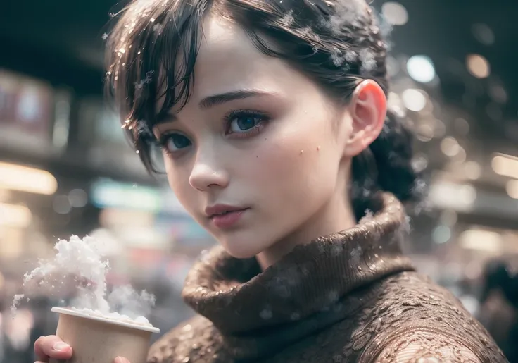 best quality, masterpiece, upper body,blushing woman with beautiful eyes at a bustling night market drinking hot cocoa, tight black ponytail, glowing blue eyes, tight turtleneck, dramatic cold lighting, slight smile,detailed skin, thick eyeliner, snowy, night, stars, stalls, steam, (realistic:1.8), Raffey Cassidy, detailed background, soft focus<hypernet:sxzBloom_sxzBloom:1.0>