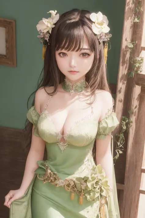 masterpiece,extremely detailed CG unity 8k wallpaper,best quality,cowboy shot,solo,1 girl,medium breasts,overexposure,an extremely delicate and beautiful,Beautiful and detailed eye description,Beautiful and detailed facial depiction,standing,green Chinese style,cleavage,detailed clothes,hair ornament,hair rings,hair flower,detailed face,choker,lace-trimmed skirt