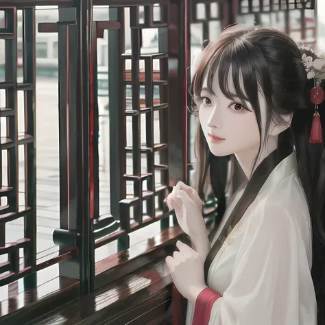 ru_qun, hanfu, ((masterpiece)), best quality, 1girl, clear details, original_outfit, mature female, multicolored hair, (black hair:1.4 AND red hair:1.1), hair between eyes, (wavy hair), (temple in the background), (detailed chinese style tassel), (((beautiful detailed chinese style architecture))), royal court, looking at viewer, depth of field:0.9, ((cowboy shot)),  <lora:asiafacemixLora300_asiafacemixPruned:0.7>,  PureErosFace_V1, classic, (detailedlight),  <lora:dreamshaperLora300_dreamshaperLora300:1>