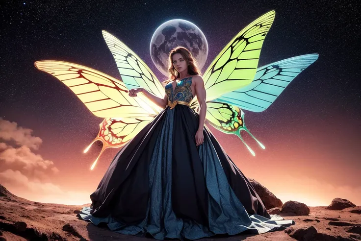 best quality, masterpiece, full shot, full body, Hip level shot of (fit beautiful female wizard wearing ornate blue and gold dress) 1girl, brown hair, blue eyes, long hair, floating above the world in space, posing, power pose, halo, (golden_glow:0.8) (white (angel:0.7) (violet rainbow_butterfly_wings:1.1):1.1), haughty expression, looking into the distance, standing in an intricate detailed vivid starfield, comets and (psychedelic nebula:1.2) in background, (ripped:0.3) and toned body, (muscular female:1.0), (night:1.2), vivid vibrant dark detailed HDR galactic background, (god rays:0.4), streaks of light, side lighting, vibrant colors (photorealistic:1.2), (film grain:1.0), Highly detailed cinematic film still from Gravity 2013