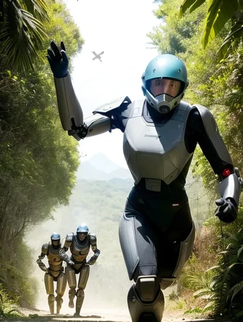 best quality, masterpiece, Hip level shot of (fit beautiful (swpunk style:1.0) synthwave female soldier, wearing high-tech EXO suit power armor, helmet), 1girl, running through the jungle, (lush vegetation), (mountains:1.1), (god rays:0.4), dense alien jungle, ripped and toned body, (muscular female:1.3), cyberpunk, (robotic (cyborg arms:1.1):1.1), punk rock, tank girl, (photorealistic:1.2), sun shining, sun flare, sunbeam, light particles, (film grain:0.5), Highly detailed cinematic film still from gravity 2013, Style-Glass