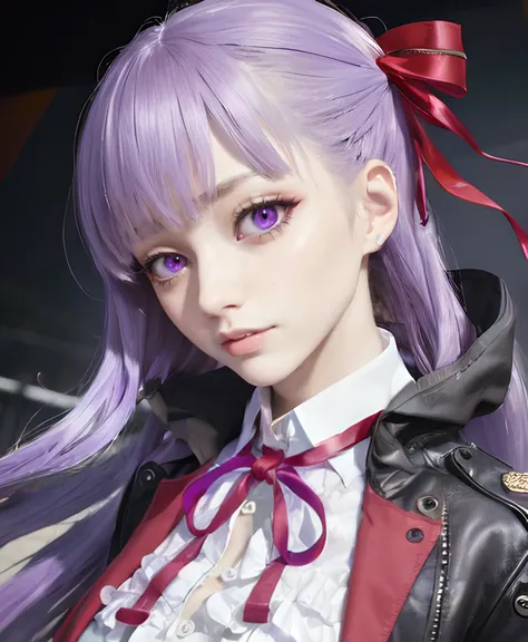 (masterpiece:1.2), (absurdres), (detailed face),(detailed eyes), (best quality),, <lora:bbFate_bbFate:0.7>, purple hair, black jacket, white shirt, black skirt, red ribbon, big breast, purple eyes,