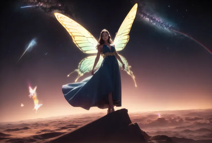 best quality, masterpiece, full shot, full body, Hip level shot of (fit beautiful female wizard wearing ornate blue and gold dress) 1girl, brown hair, blue eyes, long hair, floating above the world in space, posing, power pose, halo, (golden_glow:0.8) (white (angel:0.7) (violet rainbow_butterfly_wings:1.1) attached to her shoulder blades:1.1), haughty expression, looking into the distance, standing in an intricate detailed vivid starfield, comets and (psychedelic nebula:1.2) in background, (ripped:0.3) and toned body, (muscular female:1.0), (night:1.2), vivid vibrant dark detailed HDR galactic background, (god rays:0.4), streaks of light, side lighting, vibrant colors (photorealistic:1.2), (film grain:1.0), Highly detailed cinematic film still from Gravity 2013, <hypernet:mjv4Hypernetwork_v1:0.25>