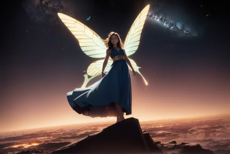 best quality, masterpiece, full shot, full body, Hip level shot of (fit beautiful female wizard wearing ornate blue and gold dress) 1girl, brown hair, blue eyes, long hair, floating above the world in space, posing, power pose, halo, golden_glow (white violet (angel:0.5) butterfly wings:1.1), haughty expression, looking into the distance, standing in an intricate detailed vivid starfield, comets and (psychedelic nebula:1.2) in background, (ripped:0.3) and toned body, (muscular female:1.0), (night:1.2), vivid vibrant dark detailed HDR galactic background, (god rays:0.4), streaks of light, side lighting, vibrant colors (photorealistic:1.2), (film grain:1.0), Highly detailed cinematic film still from Gravity 2013