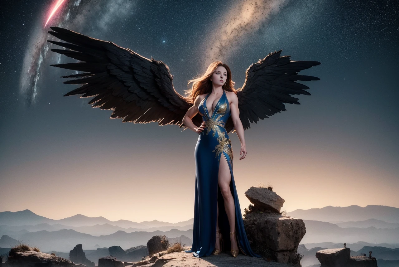 best quality, masterpiece, full shot, full body, Hip level shot of (fit beautiful female wizard wearing ornate blue and gold dress) 1girl, brown hair, blue eyes, long hair, medium breasts, floating above a rocky desert mesa, posing, power pose, halo, angel wings, haughty expression, looking into the distance, (vibrant rock striations), (mountains:1.1), flying in an intricate detailed starfield, comets and nebula in background, (ripped:0.3) and toned body, (muscular female:1.0), night, (blue hour,:0.3) vivid dark detailed HDR galactic background, (god rays:0.4), streaks of light, side lighting, vibrant colors (photorealistic:1.2), (film grain:1.0), Highly detailed cinematic film still from Gravity 2013