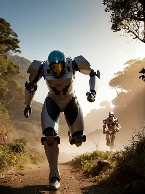 best quality, masterpiece, Hip level shot of (fit beautiful (swpunk style:1.0) synthwave female soldier, wearing high-tech EXO suit power armor, helmet), 1girl, running through the jungle, (lush vegetation), (mountains:1.1), (god rays:0.4), dense alien jungle, ripped and toned body, (muscular female:1.3), cyberpunk, (robotic (cyborg arms:1.1):1.1), punk rock, tank girl, (photorealistic:1.2), sun shining, sun flare, sunbeam, light particles, (film grain:0.5), Highly detailed cinematic film still from gravity 2013, Style-Glass