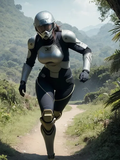 best quality, masterpiece, Highly detailed cinematic film still, Hip level shot, of (fit female soldier, wearing high-tech Exo suit, helmet), 1girl, running through the jungle, (lush vegetation), (mountains:1.1), (god rays:0.4), dense alien jungle, ripped and toned body, (muscular:1.3),