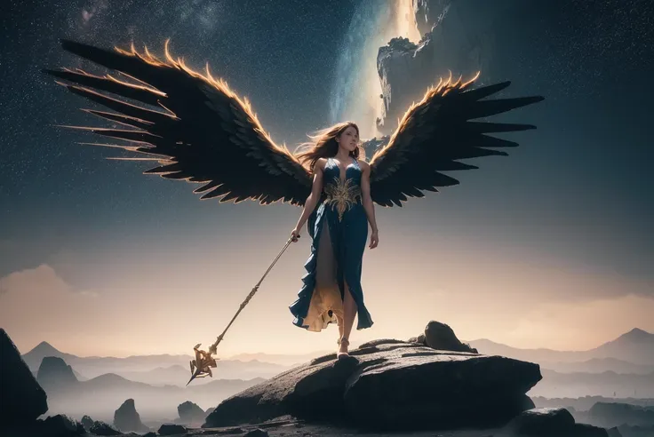 best quality, masterpiece, full shot, full body, Hip level shot of (fit beautiful female wizard wearing ornate blue and gold dress) 1girl, brown hair, blue eyes, long hair, floating above a rocky desert mesa, posing, power pose, halo, golden_glow (white angel wings:1.1), haughty expression, looking into the distance, (vibrant rock striations), (mountain spires:1.2), (flying:1.3) in an intricate detailed vivid starfield, comets and (psychedelic nebula:1.2) in background, (ripped:0.3) and toned body, (muscular female:1.0), (night:1.2), (blue hour:0.3) vivid vibrant dark detailed HDR galactic background, (god rays:0.4), streaks of light, side lighting, vibrant colors (photorealistic:1.2), (film grain:1.0), Highly detailed cinematic film still from Gravity 2013