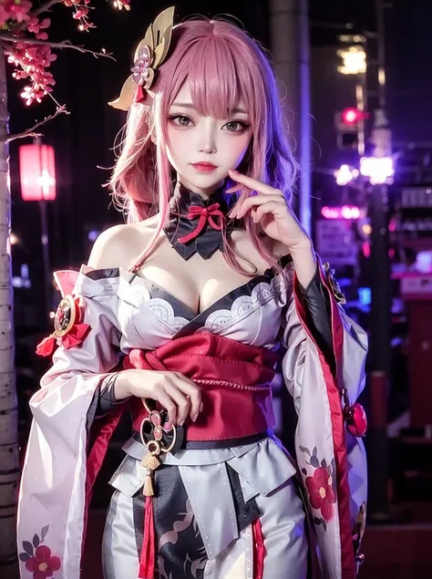 one girls, RaidenShogun, detailed clothes, white clothes, blunt bangs, braid, (medium breasts:1.4), cleavage, wide-sleeved kimono, hair ornament, white japanese clothes, (red obi:1.4), (light pink hair:1.4), very long hair, straight hair, detailed face, cool face, (smooth chin:0.85), closed mouth, looking at viewer, beautiful eyes, detailed eyes, skirt,pose, (Cherry tree:1.5),photon mapping, physically-based rendering, RAW photo, (forest:1.5), (photo realistic:1.35), high res, perspective, facing front,<lora:raidenShogunRealistic_raidenshogun:0.6>, <lora:koreanDollLikeness_v10:0.3>, half body, hands behind, <lora:yaeMikoRealistic_yaemikoMixed:0.5>, (ulzzang-6500:0.725),alley,