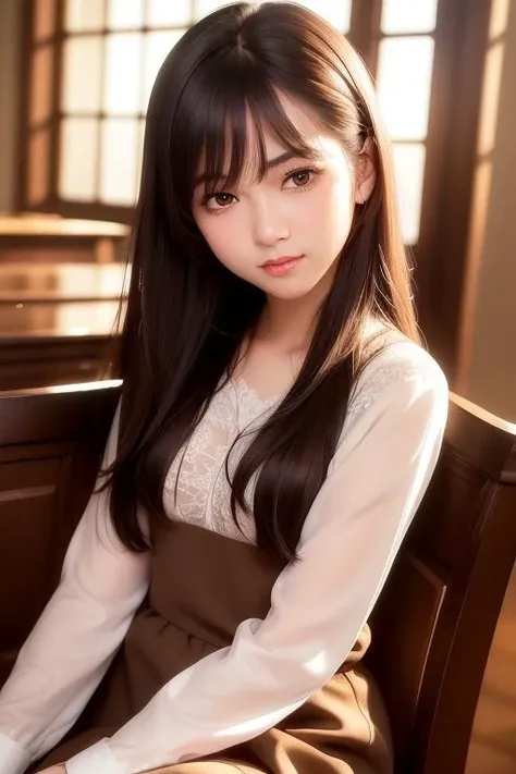 (extremely detailed CG unity 8k wallpaper), (masterpiece), (best quality), (ultra-detailed), (best illustration), (best shadow), (photorealistic:1.4), (PureErosFace_V1:0.5),real human skin, lens flare, shade, backlighting, bloom, depth of field, natural lighting, hard focus, film grain,<lora:japaneseDollLikeness_v10:0.5>, looking at the viewer,
1 girl, 21 yo, solo, skinny, pale skin, soft lips, (light eyebrow:1.4),shiny brown eyes, long black hair:1.1, (small breasts), beautiful detailed sky, detailed library(crowd:1.2), night, sitting, (nose blush), (smile:1.3), (closed mouth), beautiful detailed eyes, school uniform, floating hair, dress