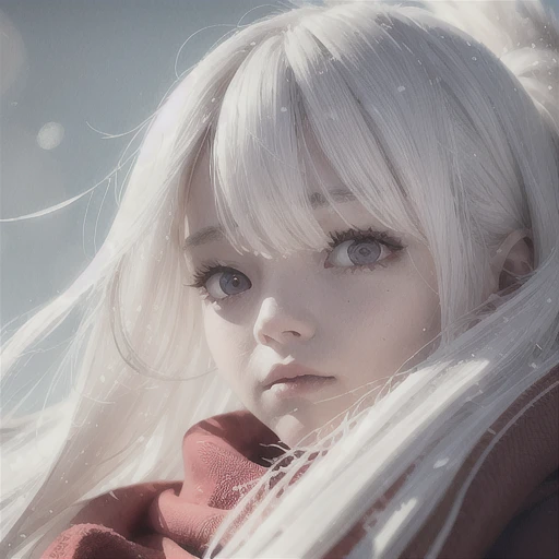 best quality, masterpiece, White hair,detailed, red eyes, windy, floating hair, snowy, upper body, detailed face, winter, trees, sunshine