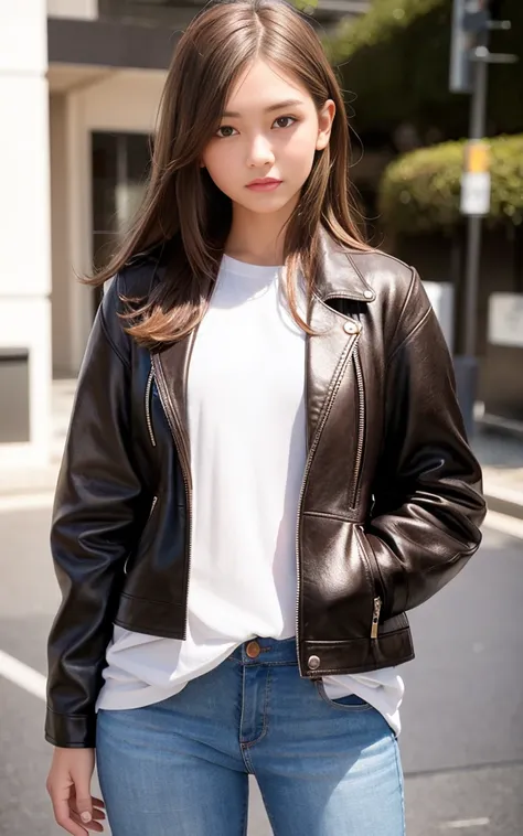 a 19 years old girl, best quality, masterpiece, (realistic:1.2), 1 girl, brown hair, brown eyes,Front, detailed face and breast, beautiful eyes, small breast <lora:koreanDollLikeness_v15:0.1>, white jacket, jeans, fashion, smaller head, fashion girl, wrinkle t-shirt, hair covers ears, hands in pocket <lora:japaneseDollLikeness_v10:0.2>, real face, real skin, realistic face, realistic skin, rough skin