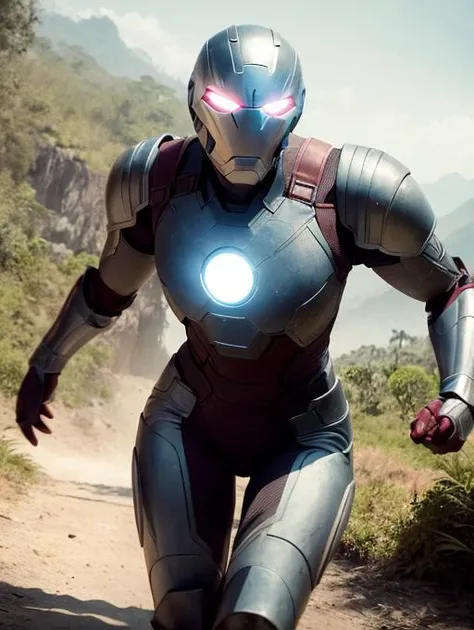 best quality, masterpiece, Hip level shot of (fit (swpunk style:1.0) synthwave female knight, wearing high-tech power armor, helmet), 1girl, running through the jungle, (lush vegetation), (mountains:1.1), (god rays:0.4), dense alien jungle, ripped and toned body, (muscular female:1.3), sun shining, sun flare, sunbeam, (photorealistic:1.2), light particles, (film grain:0.5), Highly detailed cinematic film still from avengers: endgame,