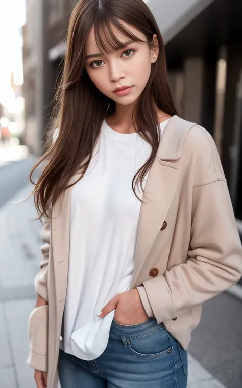 a 19 years old girl, best quality, masterpiece, (realistic:1.2), 1 girl, brown hair, brown eyes,Front, detailed face and breast, beautiful eyes, small breast <lora:koreanDollLikeness_v15:0.1>, white jacket, jeans, fashion, smaller head, fashion girl, wrinkle t-shirt, hair covers ears, hands in pocket <lora:japaneseDollLikeness_v10:0.2>, real face, real skin, realistic face, realistic skin, rough skin