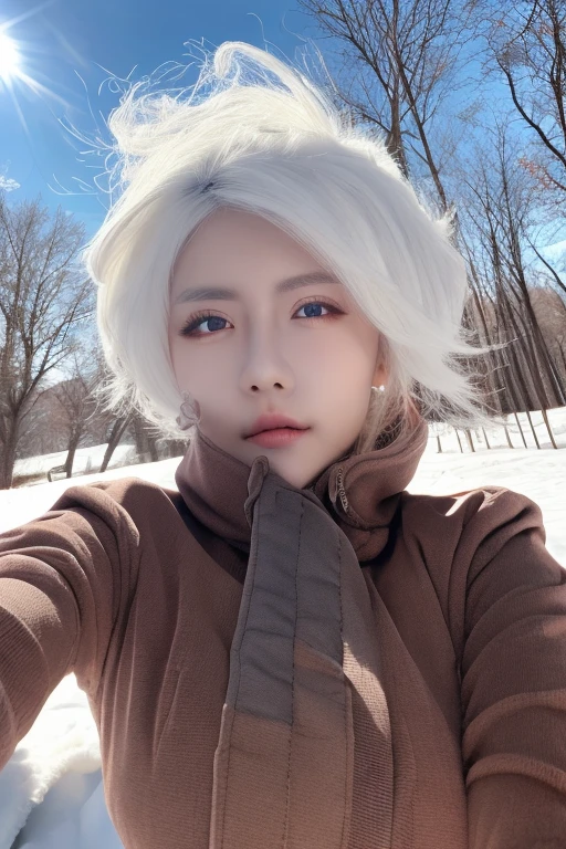 best quality, masterpiece, White hair,detailed, red eyes, windy, floating hair, upper body, detailed face, winter, trees, sunshine <lora:zhoujie:1>