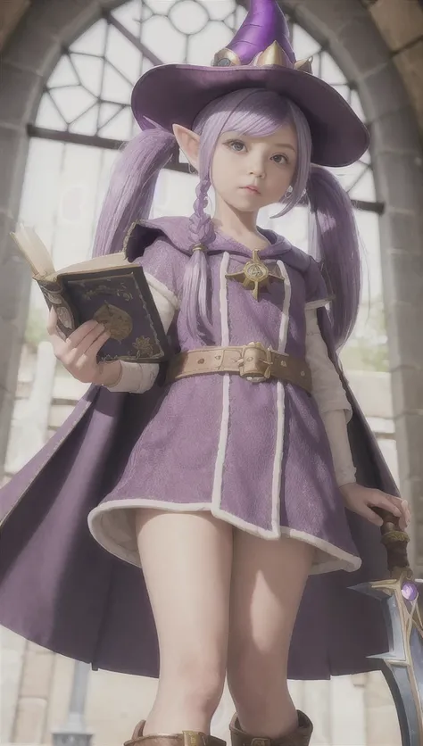 masterpiece, best quality,A girl, World of Warcraft Gnome,Adorable, light purple hair, big twin tails, Adorable eyes, small lips, purple mage robe, purple mage hat, brown leather boots, holding a sword in her left hand and a book in her right hand,Magical medieval city,4K background,