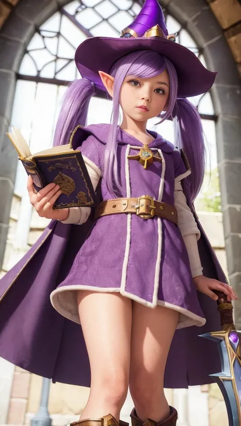 masterpiece, best quality,A girl, World of Warcraft Gnome,Adorable, light purple hair, big twin tails, Adorable eyes, small lips, purple mage robe, purple mage hat, brown leather boots, holding a sword in her left hand and a book in her right hand,Magical medieval city,4K background,