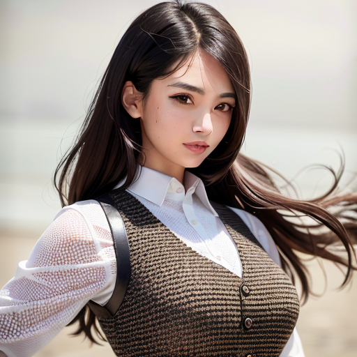 A close up of a woman with long hair wearing a vest - SeaArt AI