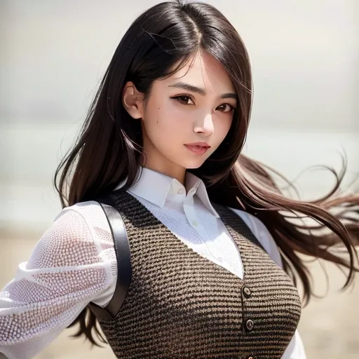 A close up of a woman with long hair wearing a vest - SeaArt AI