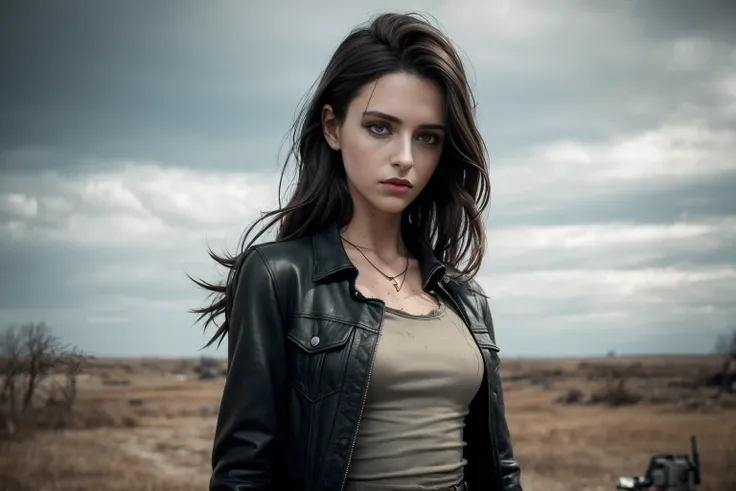 best quality, masterpiece, (realistic:1.2), young poor woman, waist up, post apocalypse style, detailed face, detailed eyes, detailed floating hair, strict expression, detailed skin, post apocalypse clothes, dramatic, vibrant, sharp focus, intricate post apocalypse environment,85mm,F1.2, EOS-1D X Mark III,