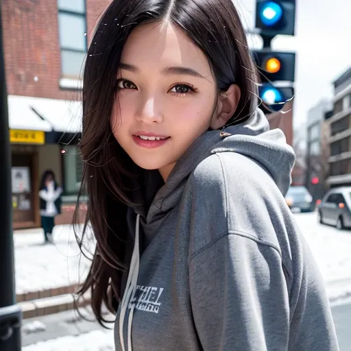 best quality, masterpiece, (realistic:1.2), 1 girl, black hair, brown eyes Front, detailed face, smile, beautiful eyes, white shirt, hoodie, snowy city background