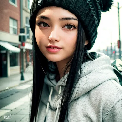best quality, masterpiece, (realistic:1.2), 1 girl, black hair, short hair, dark eyes, wool beanie, detailed face, smile, beautiful eyes, wink, white shirt, hoodie, snowy city background