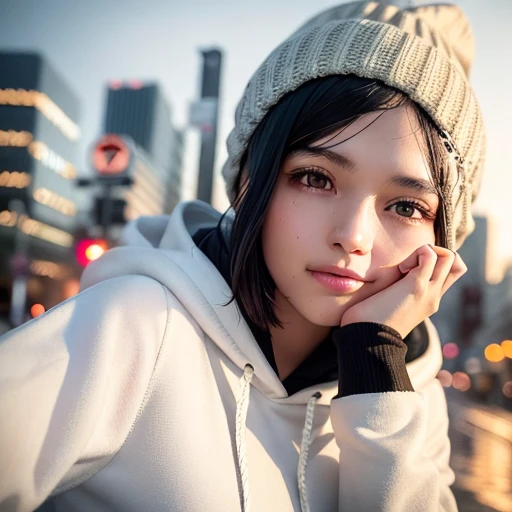 best quality, masterpiece, (realistic:1.2), 1 girl, black hair, short hair, dark eyes, wool beanie, detailed face, smile, beautiful eyes, wink, white shirt, hoodie, snowy city background, modelshoot style, (extremely detailed CG unity 8k wallpaper),modelshoot style, (extremely detailed CG unity 8k wallpaper),