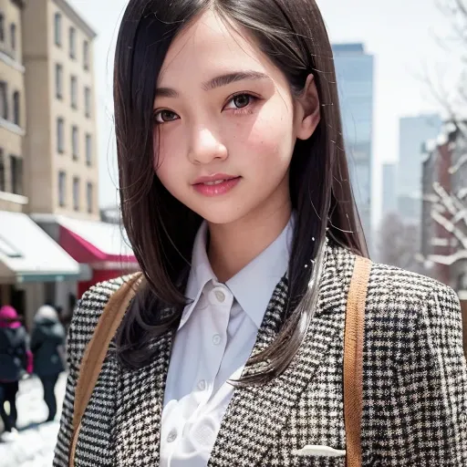 best quality, masterpiece, (realistic:1.2), 1 girl, black hair, brown eyes Front, detailed face, smile, beautiful eyes, white shirt, blazers, snowy city background