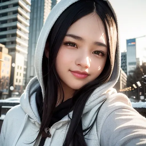 best quality, masterpiece, (realistic:1.2), 1 girl, black hair, brown eyes Front, detailed face, smile, beautiful eyes, white shirt, hoodie, snowy city background