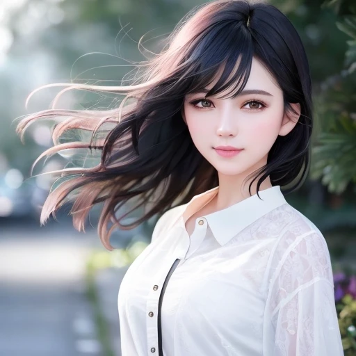 best quality, masterpiece, (realistic:1.2), 1 girl, black hair, dark hair, dark eyes, detailed face, smile, beautiful eyes, wink, white shirt,  modelshoot style, (extremely detailed CG unity 8k wallpaper),modelshoot style, (extremely detailed CG unity 8k wallpaper),