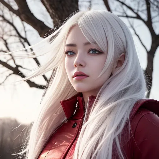 best quality, masterpiece, White hair,detailed, red eyes, windy, floating hair, upper body, detailed face, winter, trees, sunshine <lora:zhoujie:1>