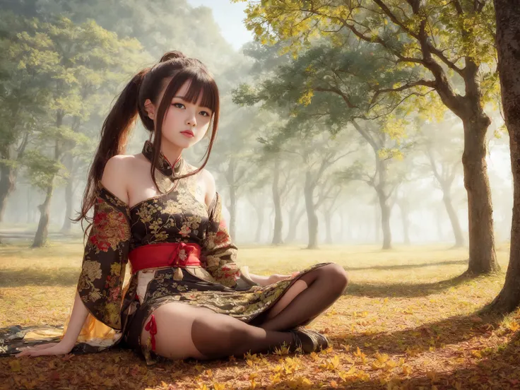 Best quality, masterpiece, 1 girl, brown hair, red eyes, full body portrait, detailed face, beautiful eyes, high ponytail, in autumn ginkgo forest, ancient Chinese architecture, ancient architecture of Tang dynasty, very detailed background.solo