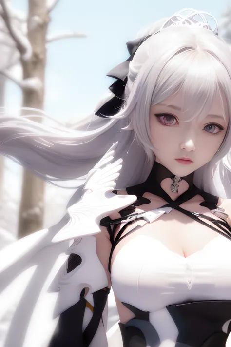 bronya zaychik (silverwing n-ex), bronya zaychik, best quality, masterpiece, White hair, detailed, red eyes, windy, floating hair, snowy, upper body, detailed face, winter, trees, sunshine, midriff, big boobs <lora:bronyaZaychikSilverwingNEX_v09:1>