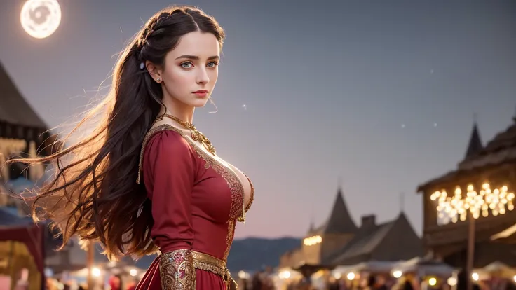 best quality, masterpiece, (realistic:1.2), young woman,Gypsy girl,waist up, Middle Ages style, detailed face, detailed eyes, detailed updo dark hair,strict expression, detailed skin, (detailed red Gypsy clothes:1.2),(look at viewer, dramatic, vibrant, sharp focus, Middle Ages environment,(market:1.2),50mm,F1.2, EOS-1D X Mark III,standing,(complex background:1.6),(night:1.5),(medium breasts)