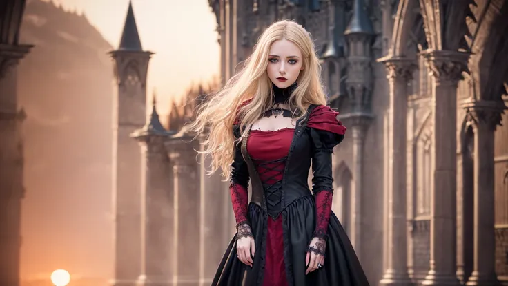 best quality, masterpiece, (realistic:1.2), (1girl,solo:1.6),a young  women, vampire,evil,waist up, Middle Ages style, Gothic style,detailed face, detailed blue eyes, (detailed  blonde hair:1.4),strict expression, detailed skin,  (detailed red and blace clothes:1.5),black cloak,look at viewer, dramatic, vibrant, sharp focus,  Middle Ages dark environment,(((Gothic castle))),50mm,F1.2, EOS-1D X Mark III,(half body:1.2),(in the night),standing,(complex background:1.6), (heavy makeup:1.3),blood on the face,(sunset:1.2)