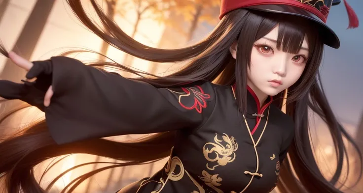 hu tao (genshin impact), boo tao, hat, red eyes, twintails, brown hair, solo, symbol-shaped pupils, long hair, bangs, black shorts , chinese clothes, best quality, masterpiece, detailed, floating hair, upper body, detailed face, beautiful eyes, fall season, trees, sunset, big boobs 
 <lora:huTaoGenshinImpact_v12:0.4>