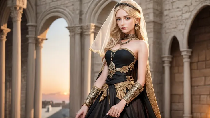 best quality, masterpiece, (realistic:1.2), young woman,Gypsy girl,waist up, Middle Ages style, detailed face, detailed eyes, detailed updo blonde hair,strict expression, detailed skin, (detailed clothes:1.2),(veil:1.1),look at viewer, dramatic, vibrant, sharp focus, Middle Ages environment,market,50mm,F1.2, EOS-1D X Mark III,standing,(complex background:1.6),(sunset:1.2)
