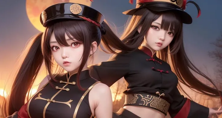 hu tao (genshin impact), boo tao, hat, red eyes, twintails, brown hair, solo, symbol-shaped pupils, long hair, bangs, black shorts , chinese clothes, best quality, masterpiece, detailed, floating hair, upper body, detailed face, beautiful eyes, fall season, trees, sunset, big boobs 
 <lora:huTaoGenshinImpact_v12:0.4>