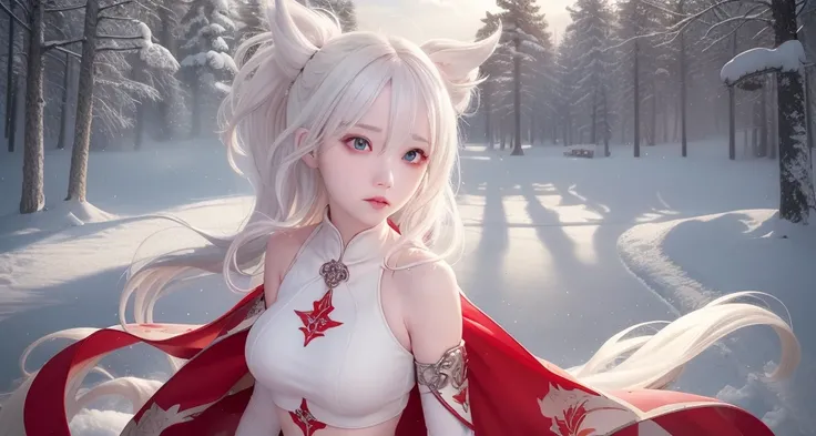 best quality, masterpiece, White hair, detailed, red eyes, windy, floating hair, snowy, upper body, detailed face, winter, trees, sunshine, midriff
 <lora:chilloutmixss20_v20:0.3> <lora:Korean-doll-likeness:0.2>