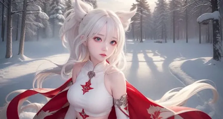 best quality, masterpiece, White hair, detailed, red eyes, windy, floating hair, snowy, upper body, detailed face, winter, trees, sunshine, midriff
<lora:chilloutmixss20_v20:0.3> <lora:Korean-doll-likeness:0.2>