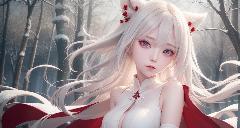 best quality, masterpiece, White hair, detailed, red eyes, windy, floating hair, snowy, upper body, detailed face, winter, trees, sunshine, midriff
<lora:chilloutmixss20_v20:0.3> <lora:Korean-doll-likeness:0.2>