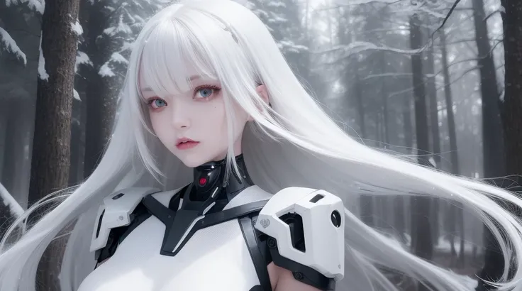 a girl with intricate angular cybernetic implants, cybernetic limb, best quality, masterpiece, White hair, detailed, red eyes, windy, floating hair, snowy, upper body, detailed face, winter, trees, sunshine, midriff
<lora:chilloutmixss20v20:0.3> <lora:Korean-doll-likeness:0.2>